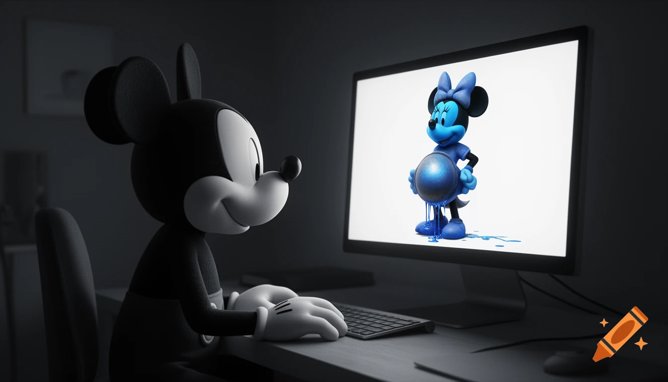 Mickey Mouse in grayscale looks at a computer screen displaying a blue Minnie Mouse with a dripping blue orb.