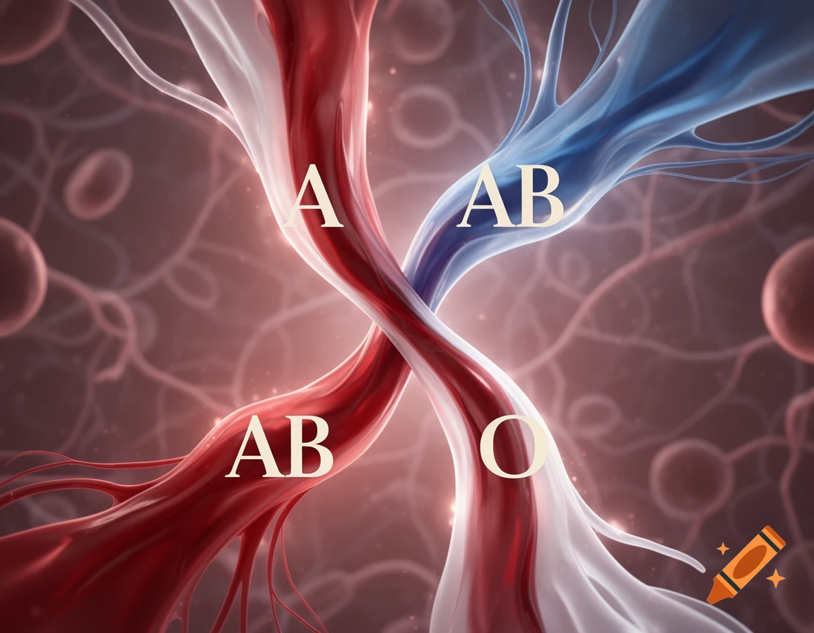 Stylized red and blue intertwining vessels with blood type labels A, AB, and O, set against a background of red cells.