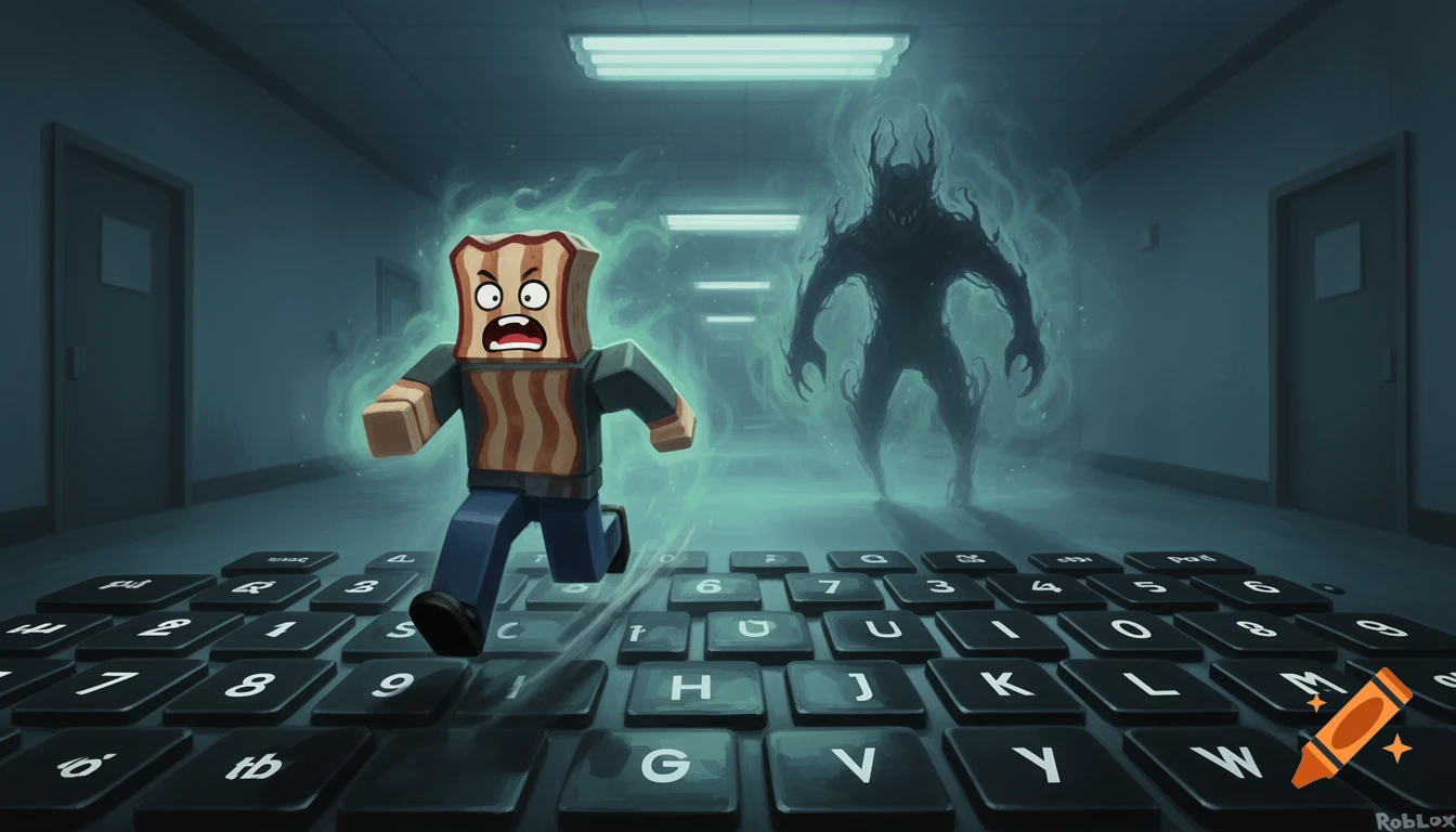 A scared Roblox bacon character runs across a giant keyboard floor, fleeing a shadowy backrooms creature in a dark hallway.