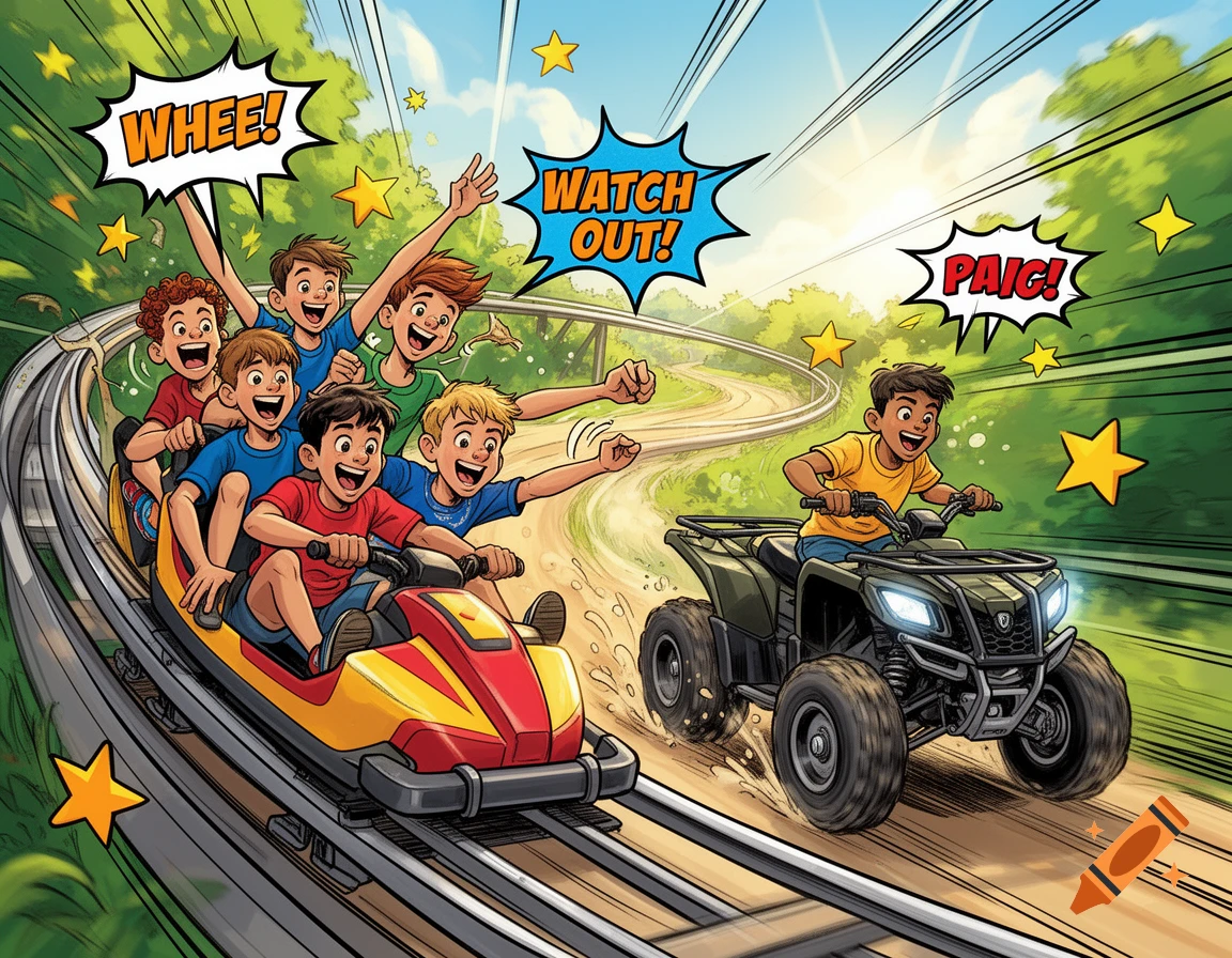 Cartoon of happy boys on a summer toboggan run and one on an ATV, racing outdoors with speech bubbles.