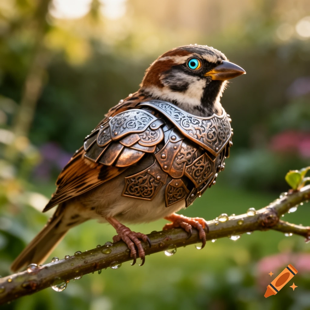 A hyperrealistic sparrow in ornate metal armor perches on a wet branch in a sunlit garden.
