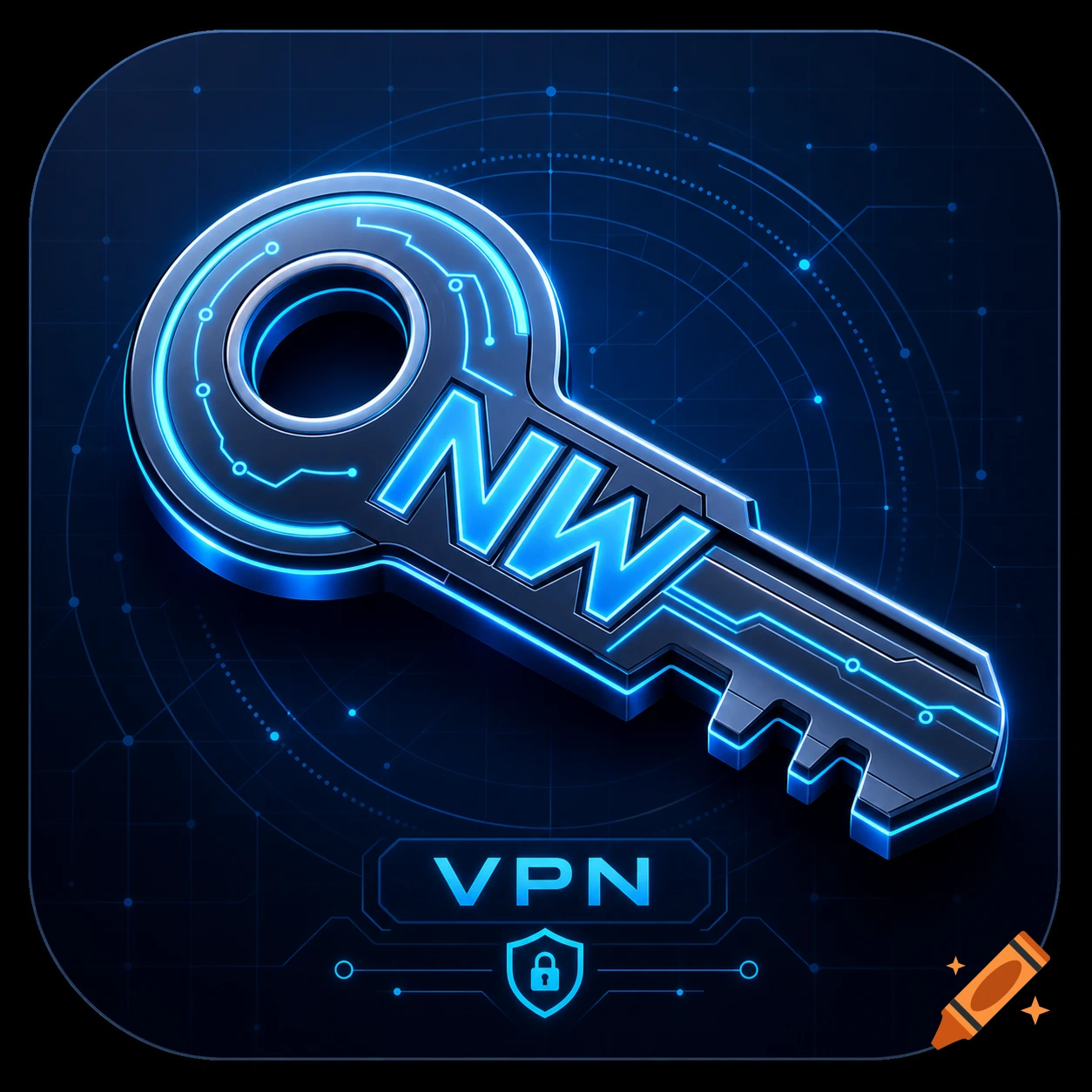 A 3D blue and black app icon featuring a digital key with "NW" on it, "VPN" text, and a lock symbol, on a dark tech grid background.