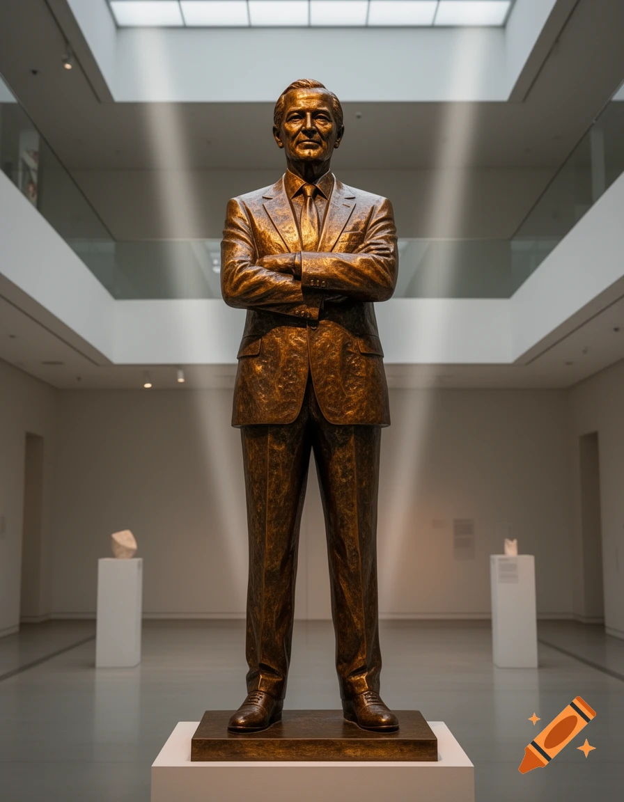 A full-body bronze statue of a man in a suit with crossed arms stands in a modern art gallery, illuminated by light.