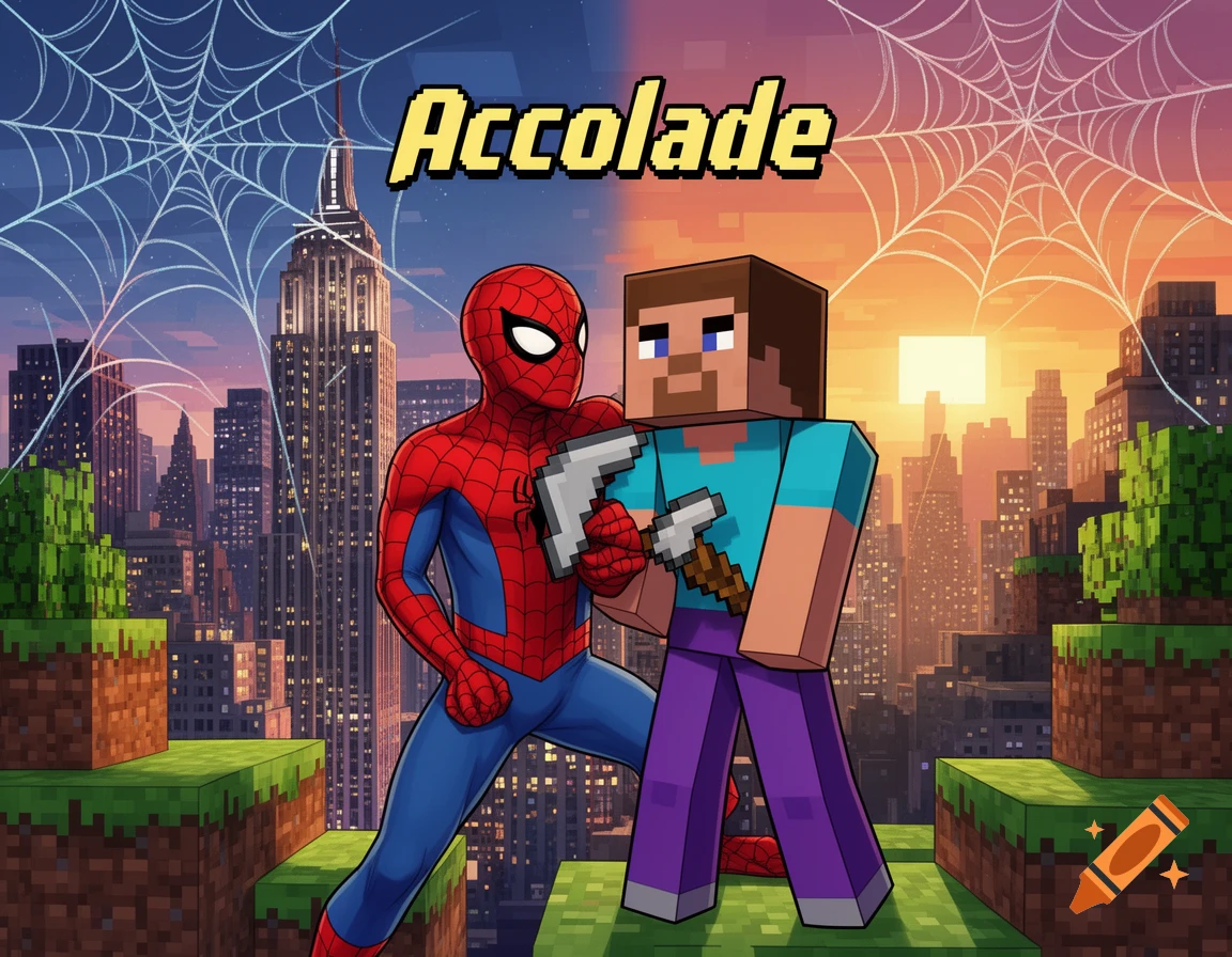 Spider-Man and Minecraft Steve stand on blocky platforms, overlooking a city skyline split between day and night, with 'Accolade' text.