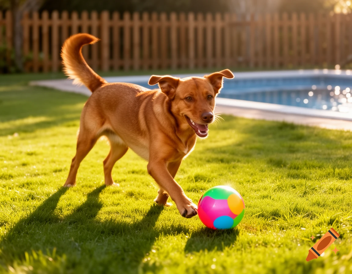 A happy golden-brown dog runs on green grass, nudging a colorful ball near a swimming pool under the warm sun.