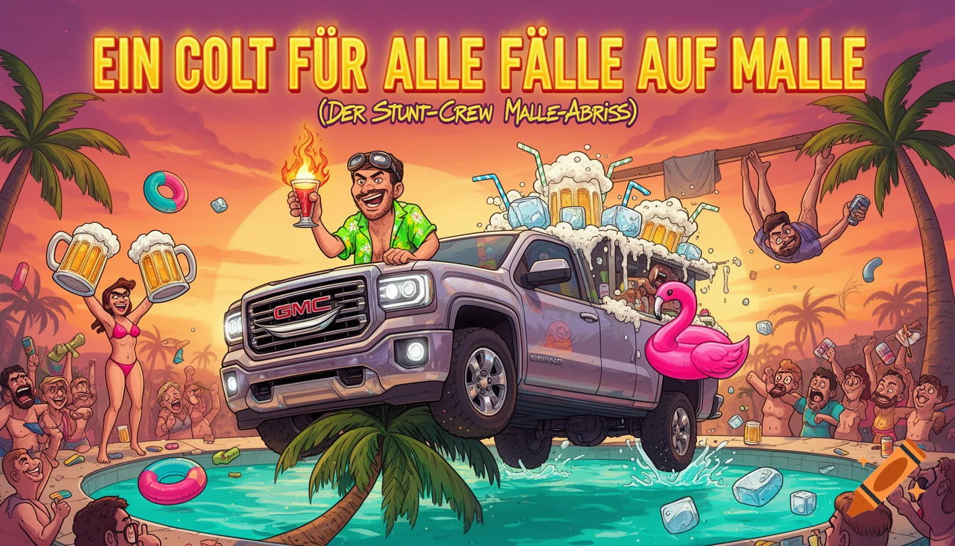 A vibrant cartoon shows a man on a lifted GMC truck half in a pool, surrounded by partying people, beer, and palm trees under a sunset sky.