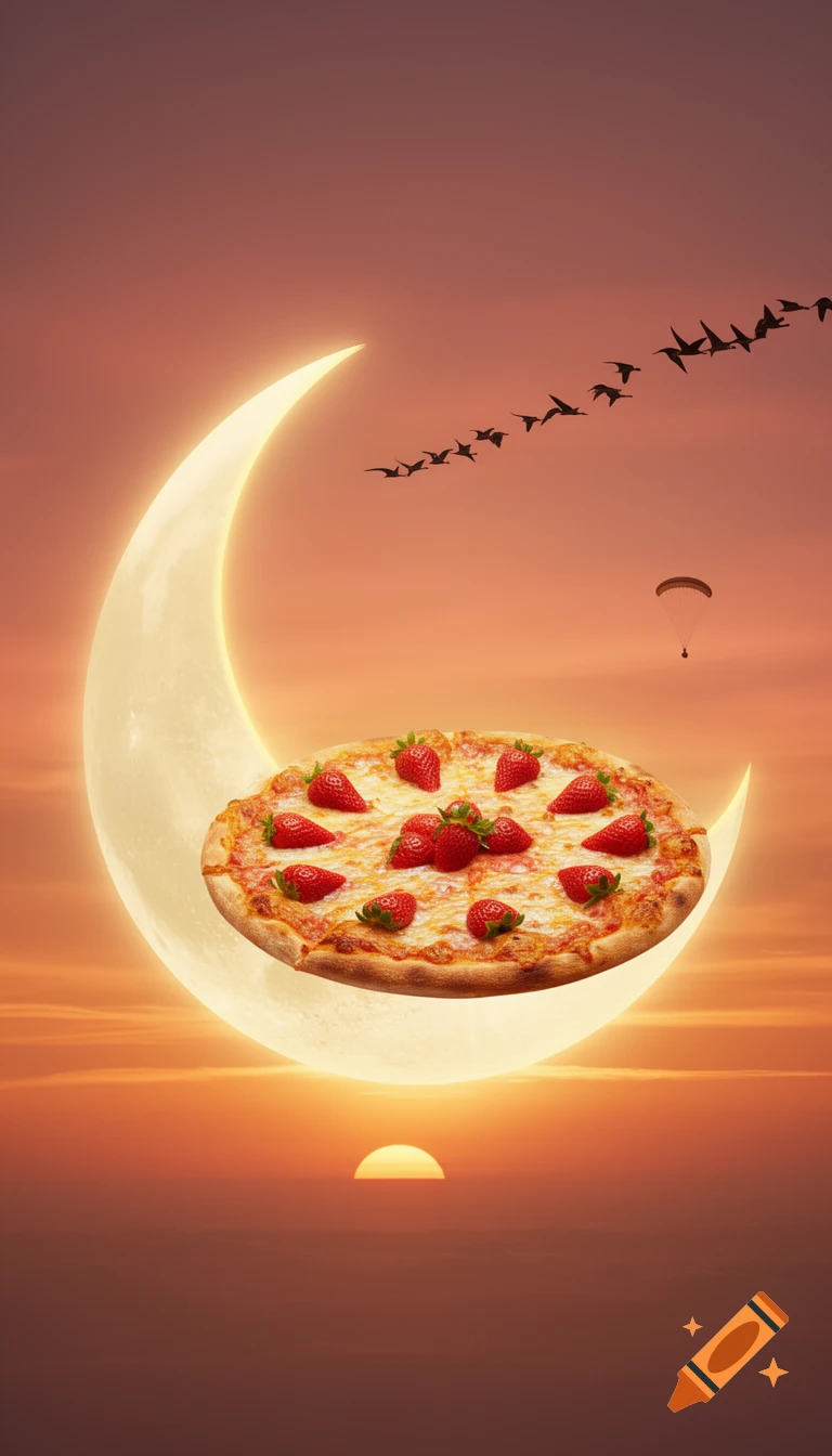 A surreal image of a strawberry pizza resting on a glowing crescent moon, against a warm sunset sky with flying birds and a parachute.