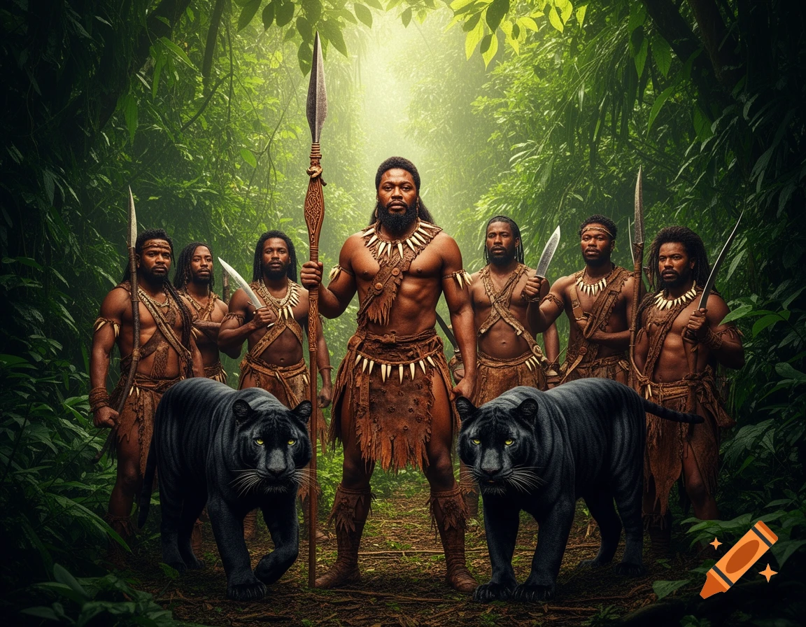 A tribal leader and a group of hunters in animal attire stand with black panthers in a lush jungle.