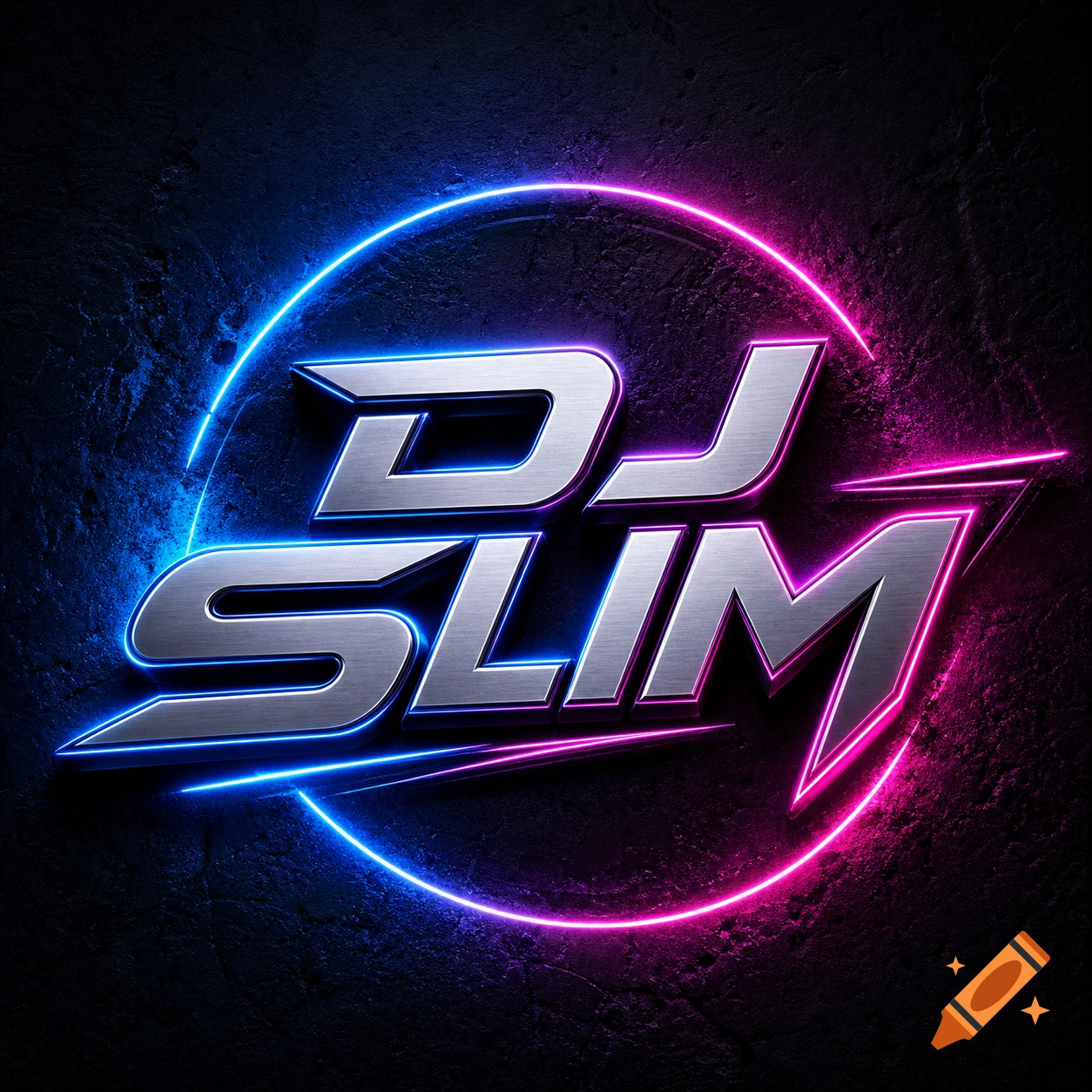 Metallic "DJ SLIM" logo with blue and pink neon outlines on a dark, textured wall background.