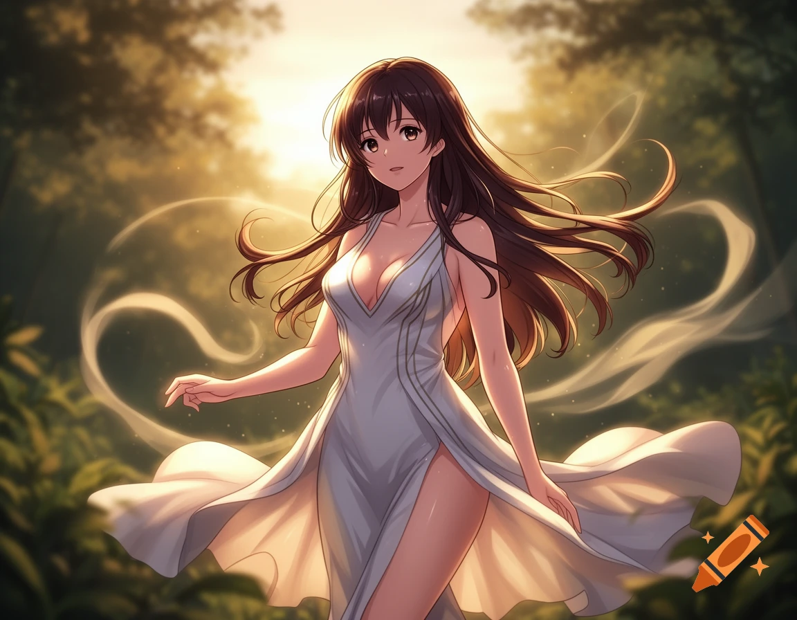 Anime woman with long brown hair in a flowing white dress standing in a sunlit forest.