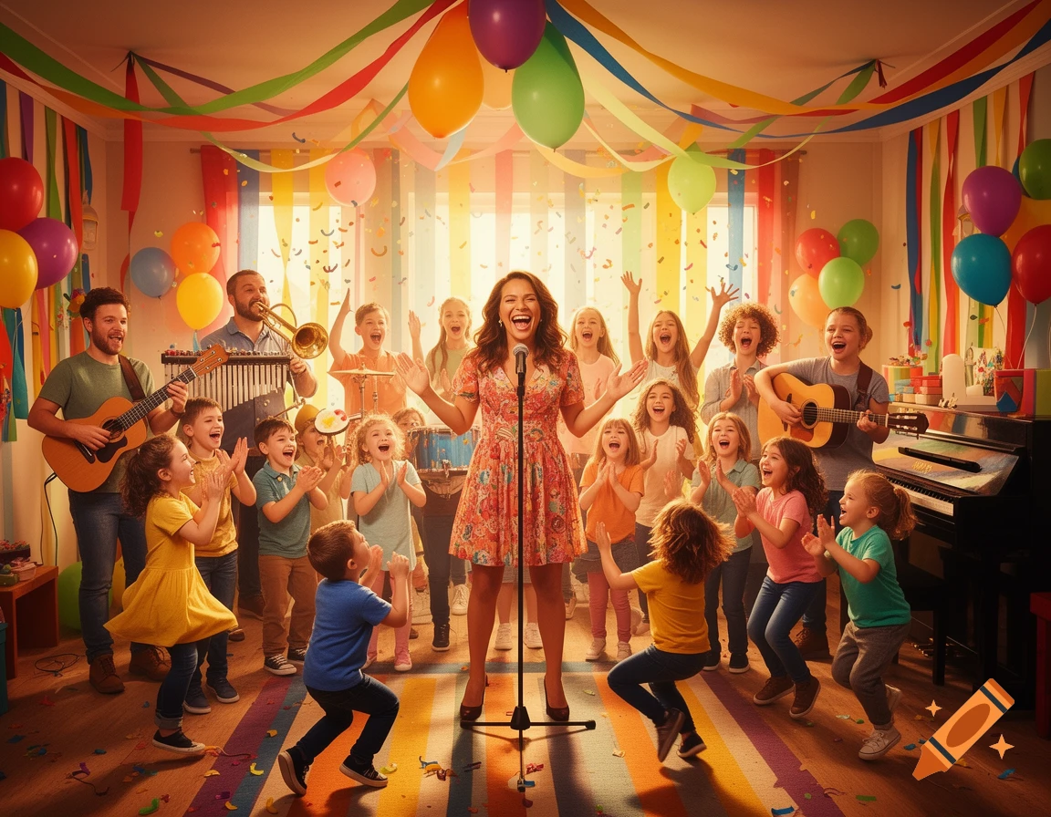 A diverse group of happy children and adults celebrate at a colorful indoor party with music, balloons, and confetti.