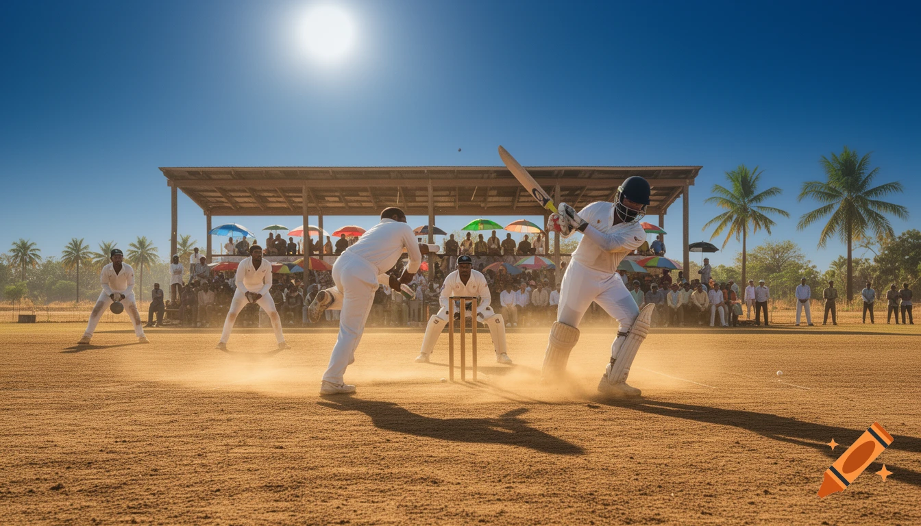 A dynamic shot of a cricket match on a dusty, sunlit pitch, with players in white uniforms, a batsman mid-swing, and a wicketkeeper.
