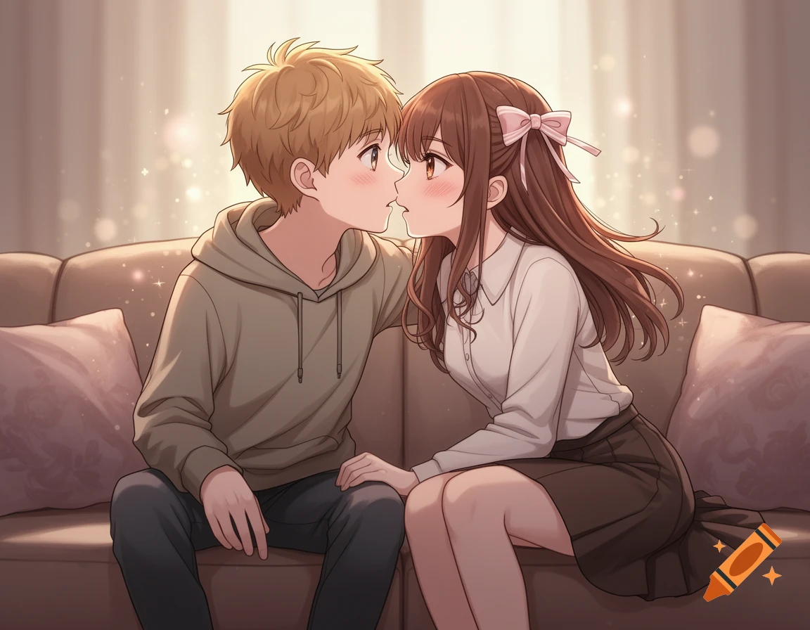 An anime couple, a boy in a hoodie and a girl with a pink bow, lean in for a kiss while sitting on a couch.