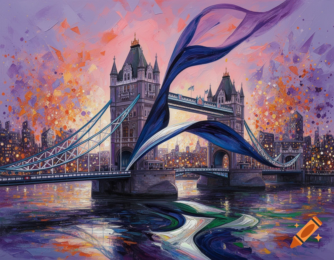 An abstract painting of London's Tower Bridge at sunset, with purple and orange skies and swirling waters.