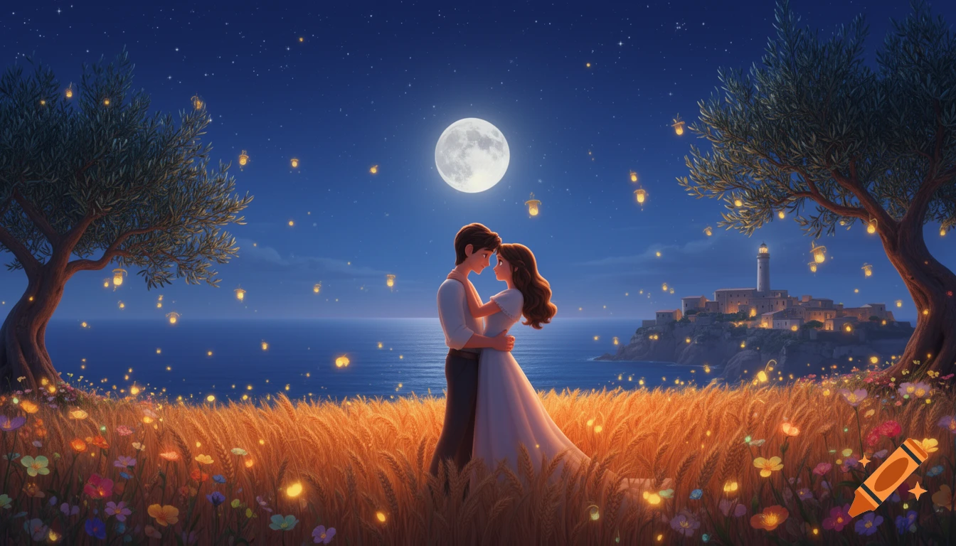 A dreamy cartoon illustration of a couple embracing in a golden wheat field under a full moon, with fireflies and a distant village by the sea.