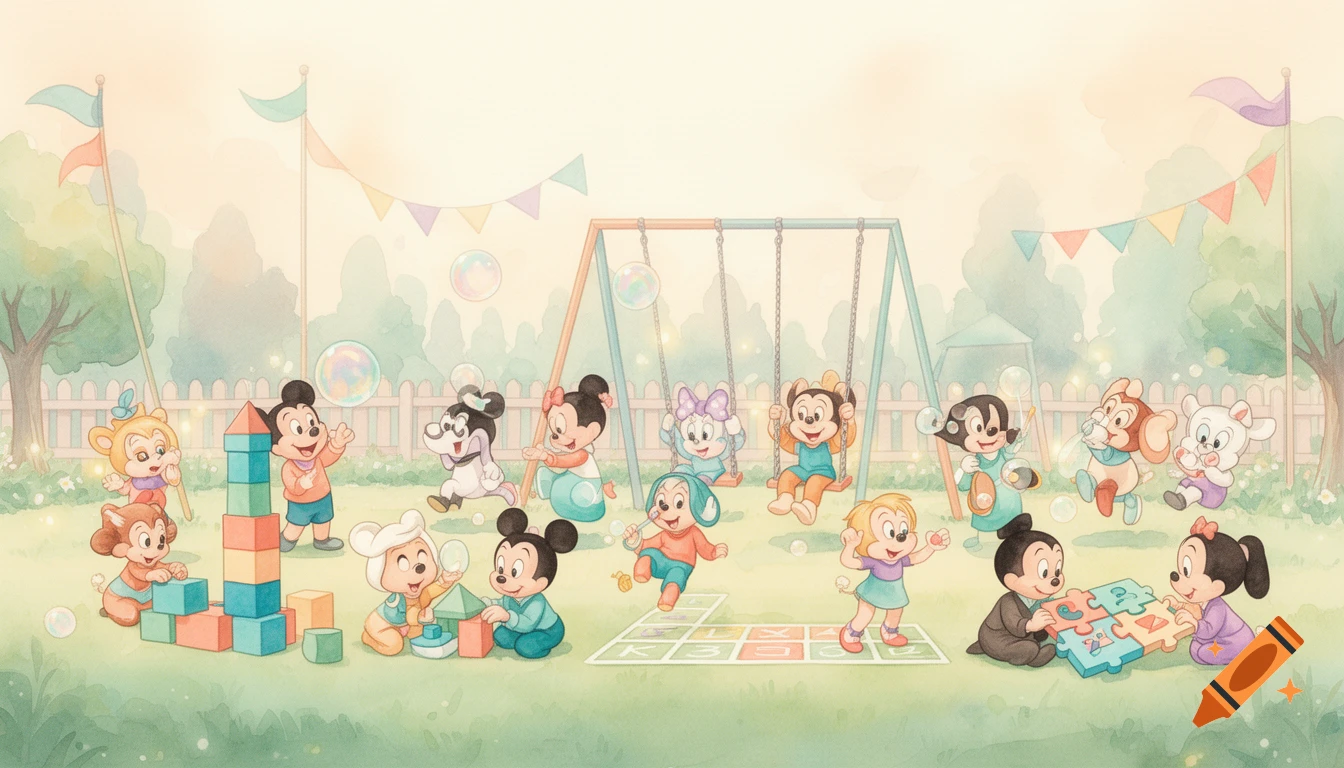 Baby cartoon characters playing in a pastel watercolor playground, with swings, building blocks, bubbles, hopscotch, and puzzles.
