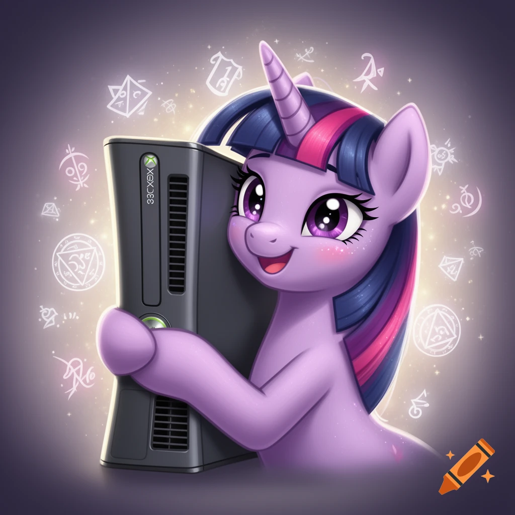 Twilight Sparkle, a purple unicorn pony, happily hugs a black Xbox 360 console, surrounded by glowing magical symbols.