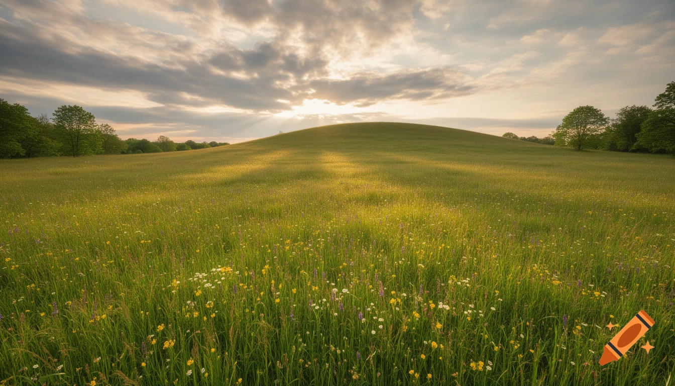 A serene green field with wildflowers under a cloudy sky, with warm sunlight breaking through and illuminating a gentle hill.