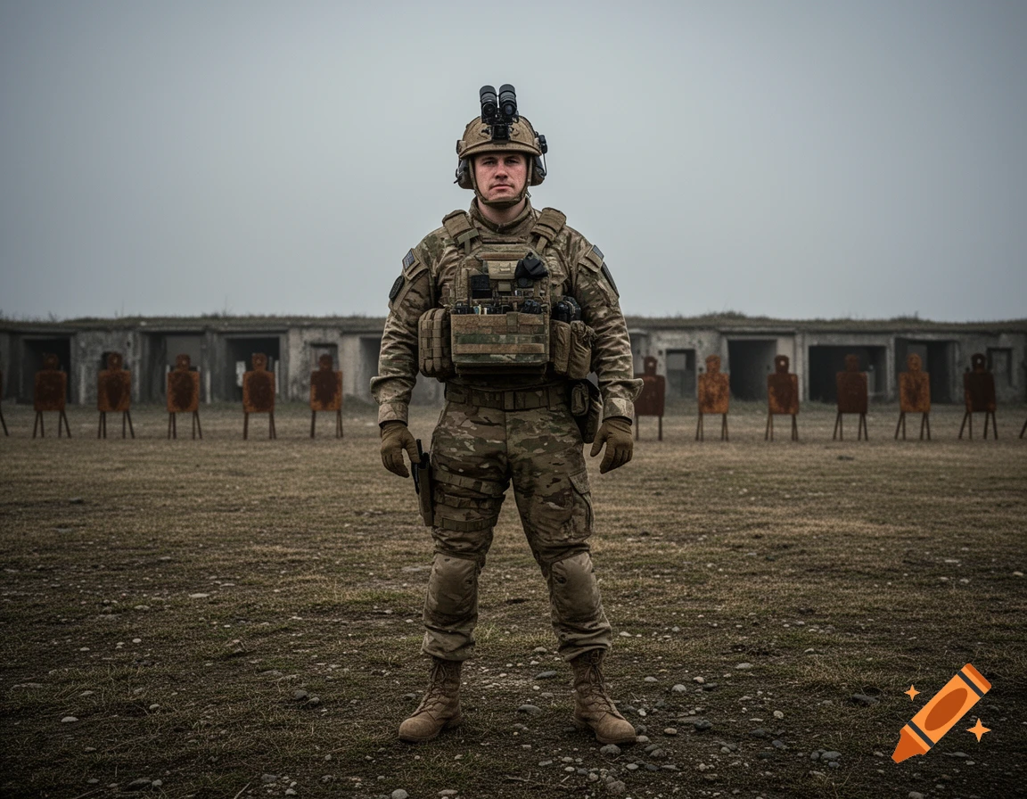 A soldier in full camouflage and tactical gear stands at an outdoor firing range with human-shaped targets in the background.