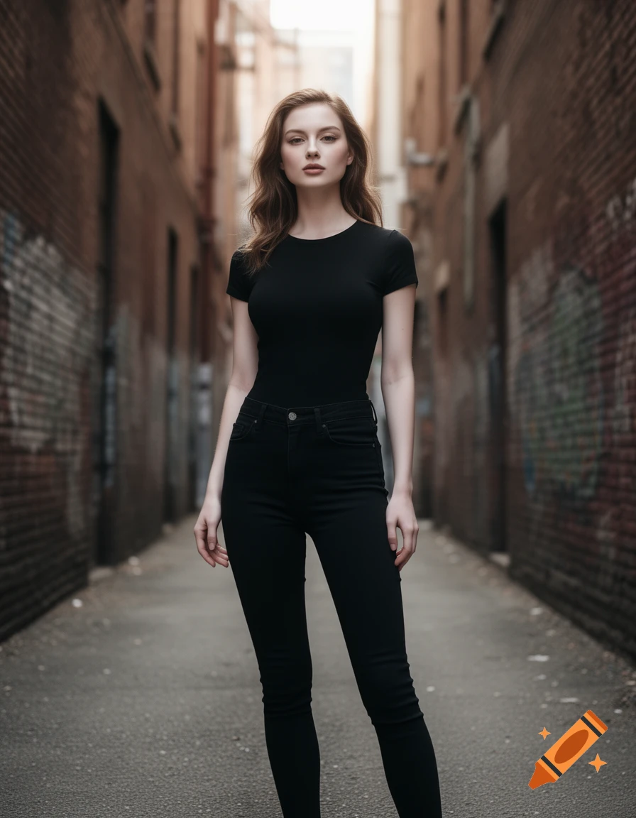 A slim woman with long brown hair wears a black t-shirt and skinny jeans, standing in a brick alleyway, photorealistic.