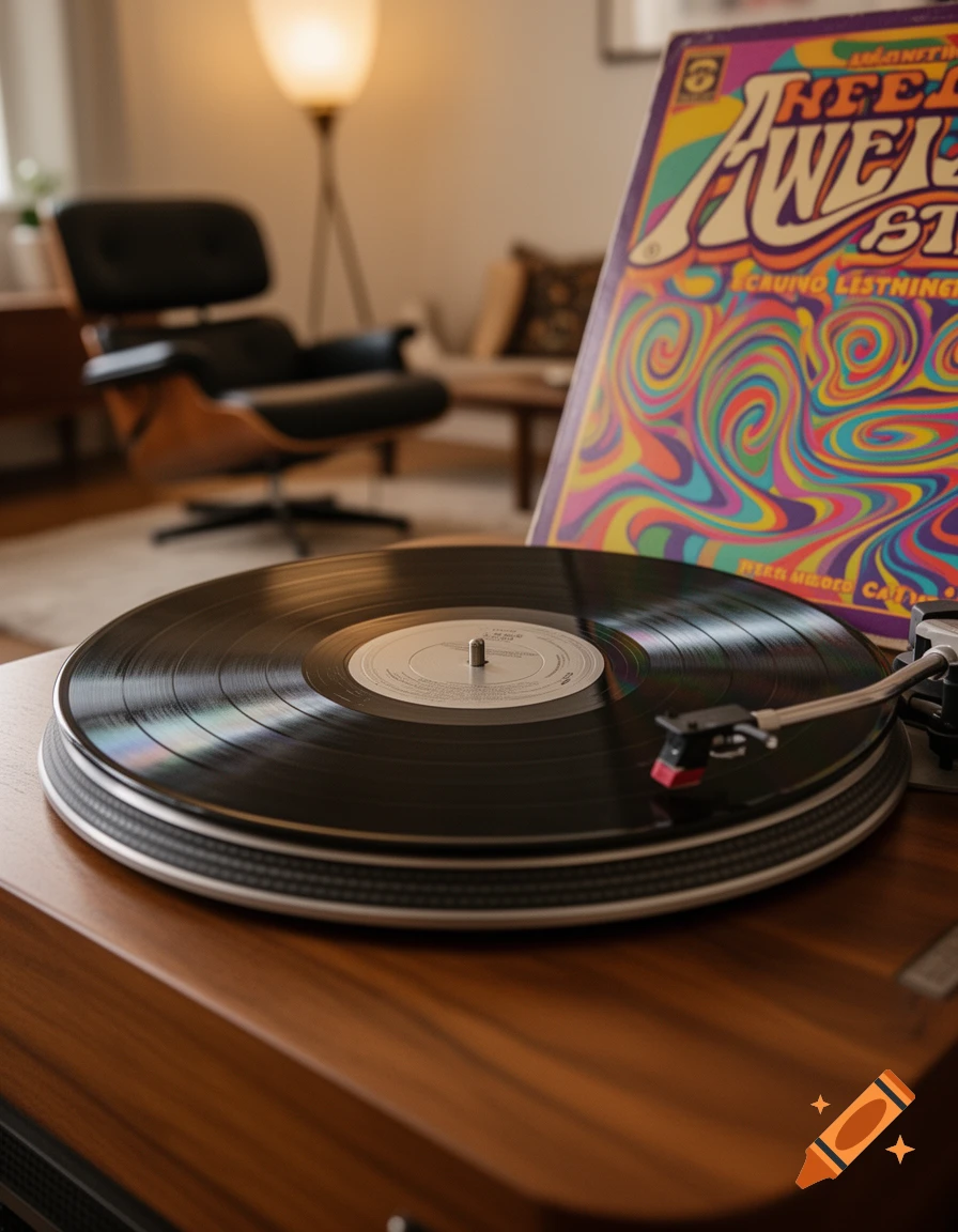 A close-up shot of a record player with a spinning vinyl record, an album cover with psychedelic art, in a warm-lit living room.