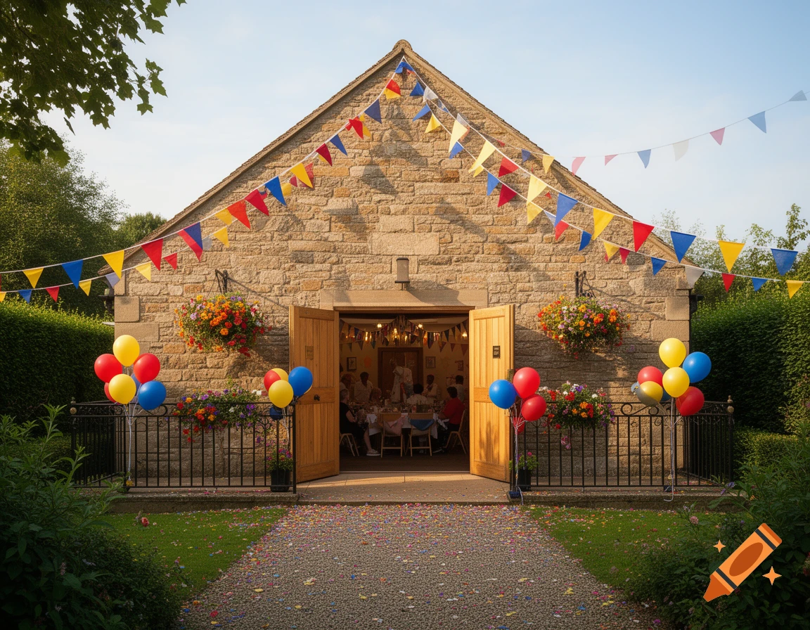 A stone village hall decorated with colorful bunting and balloons for a birthday party, with a gravel path leading to its open doors.
