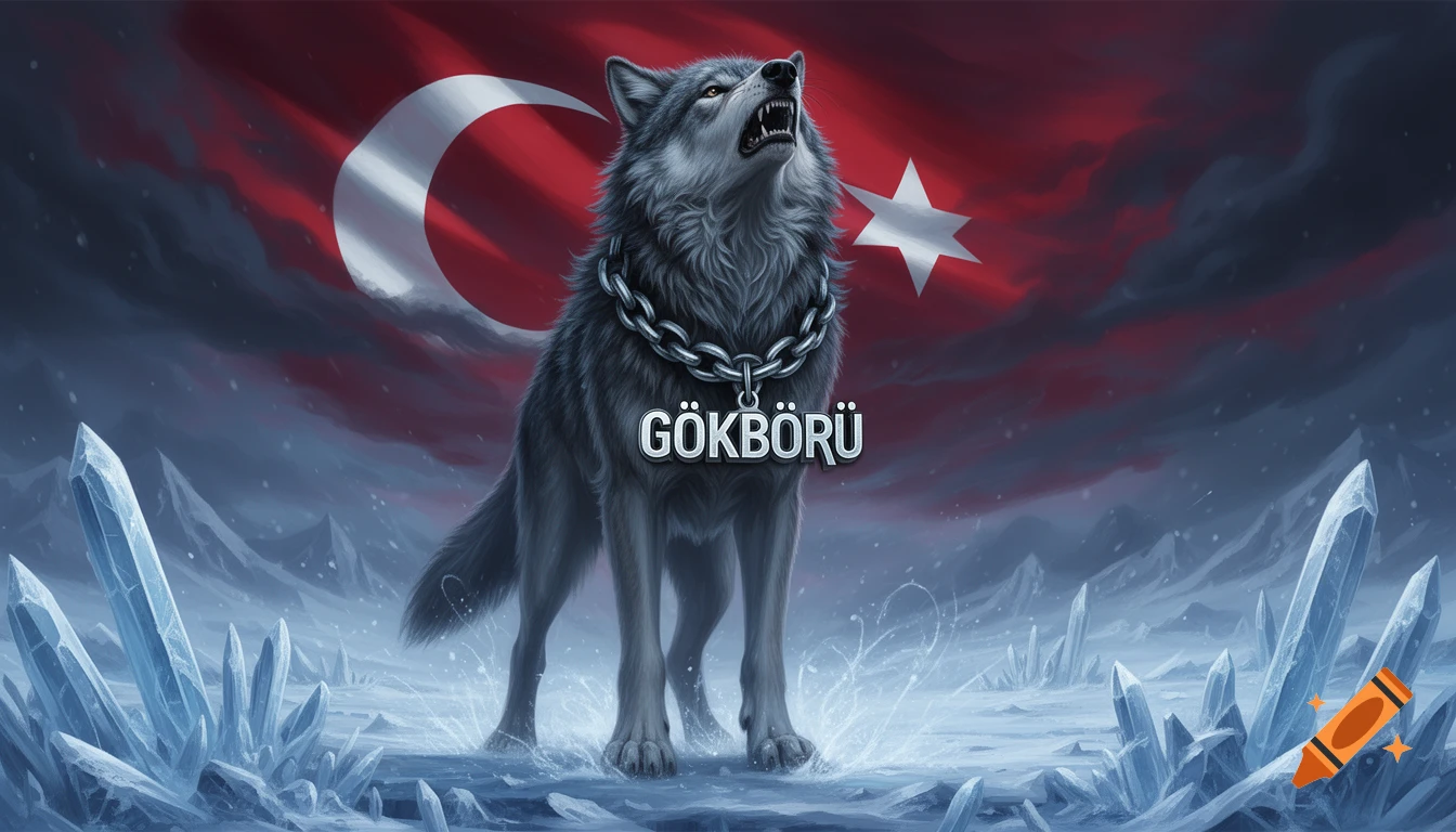 A fierce grey wolf with a 'GÖKBÖRÜ' pendant stands in an icy landscape, with a red Turkish flag in the sky, digital painting.