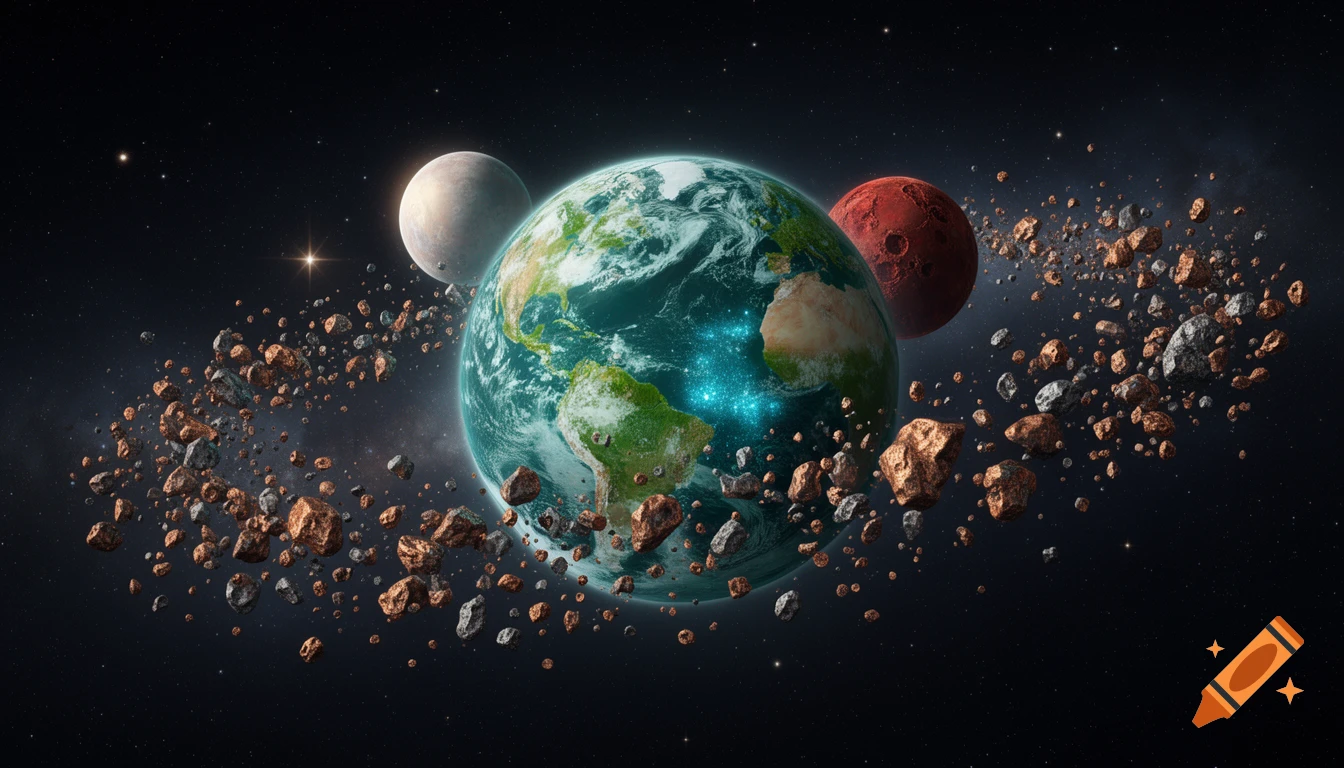 A vibrant blue-green planet with two moons, one grey and one red, surrounded by a dense asteroid field in deep space with distant stars.