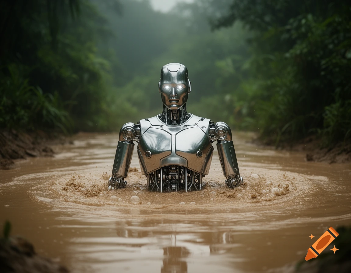 A photorealistic silver robot, half-submerged in muddy quicksand, with glowing eyes in a lush jungle.