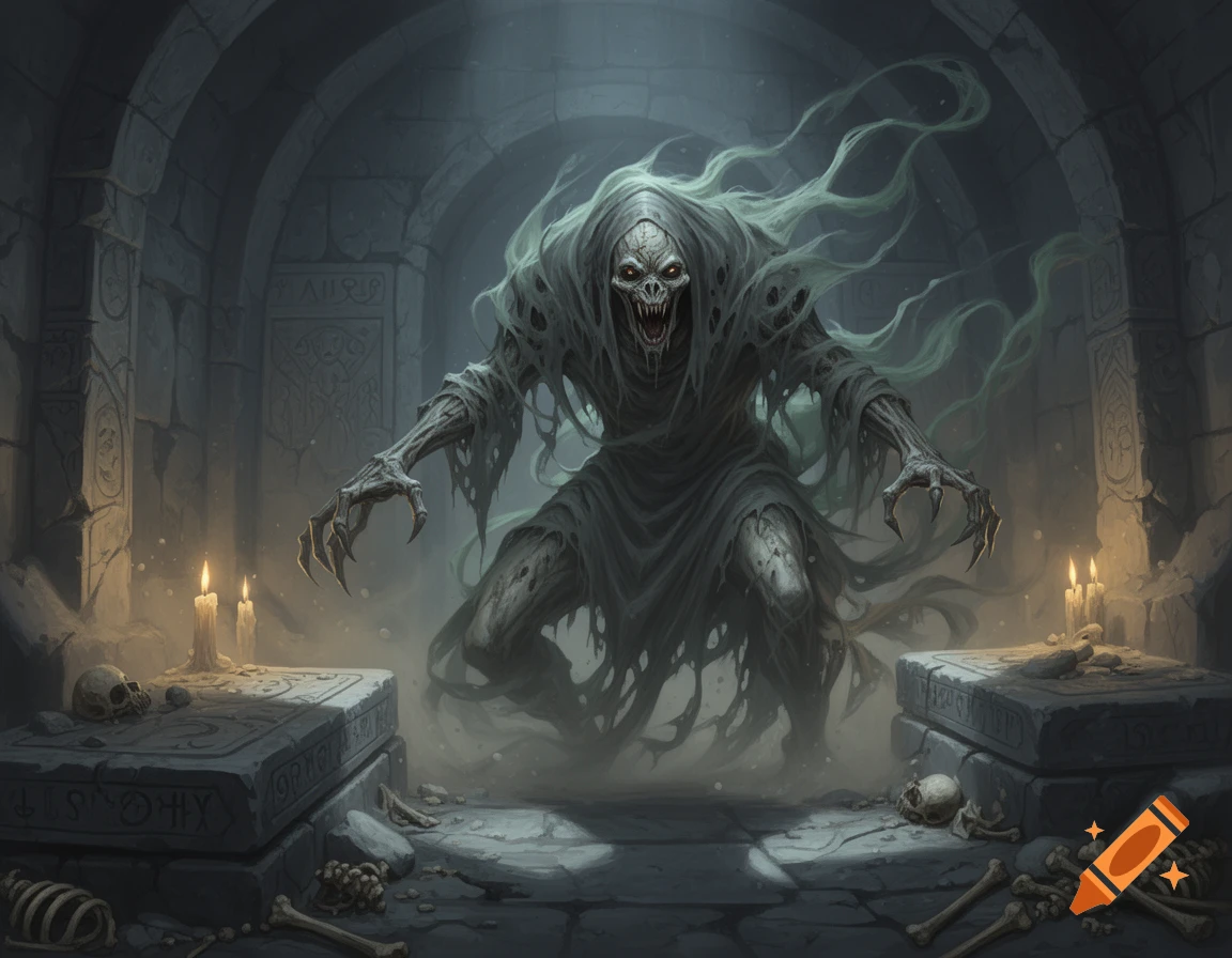 A decaying, ghastly creature with glowing red eyes and sharp claws emerges from mist in a dark, candlelit crypt surrounded by bones.