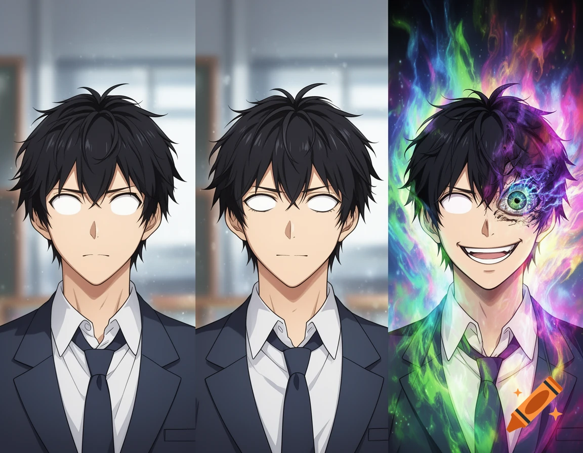 Three anime portraits of a young man; first two neutral with white eyes, third smiling with a glowing eye and colorful aura.