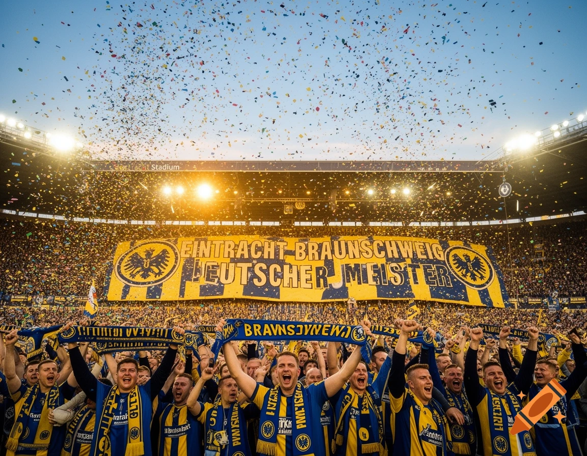 Photorealistic image of joyous football fans in a stadium, holding scarves and celebrating under a shower of confetti.