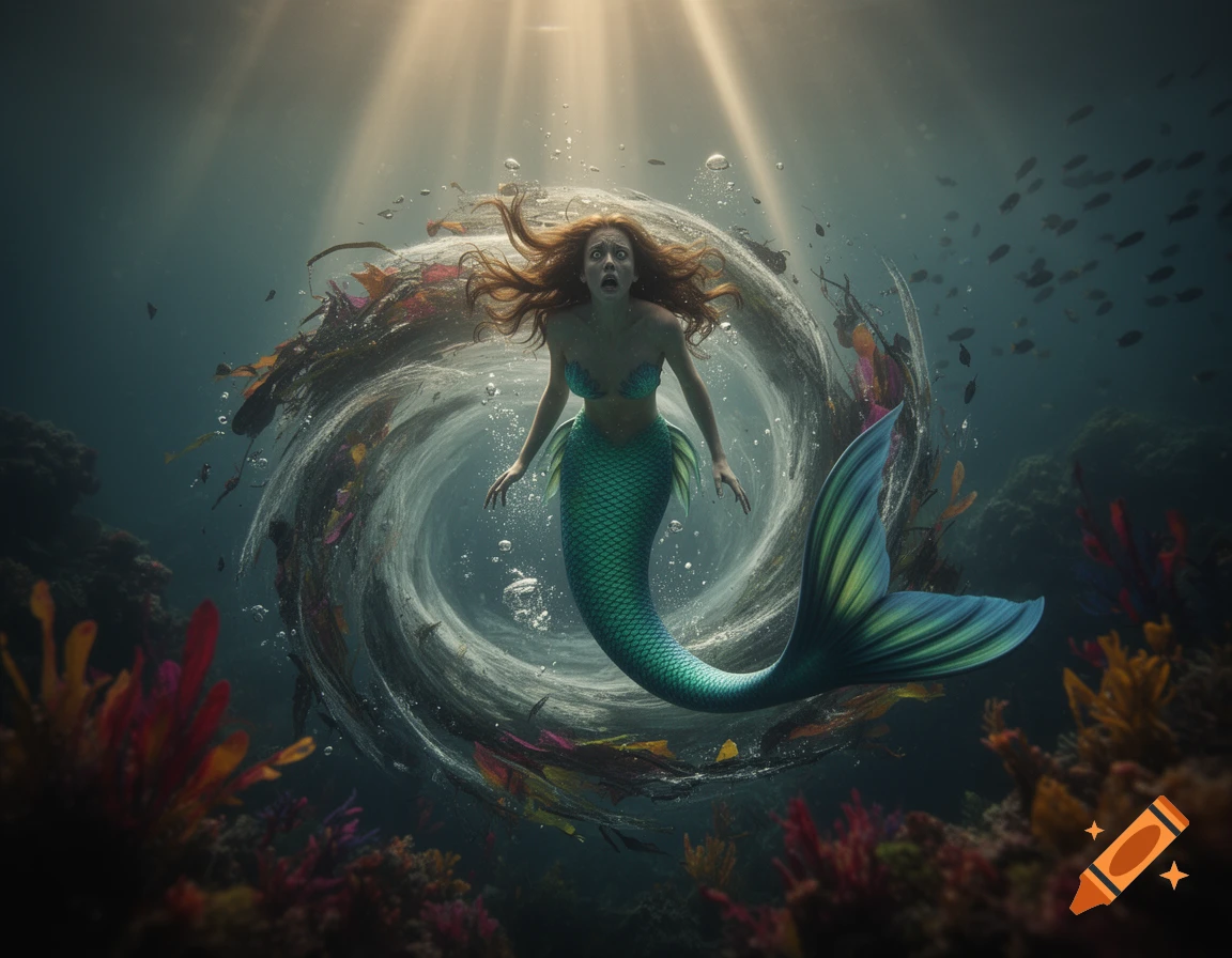 A scared mermaid with red hair and a green tail is caught in a swirling underwater whirlpool with debris and light rays.