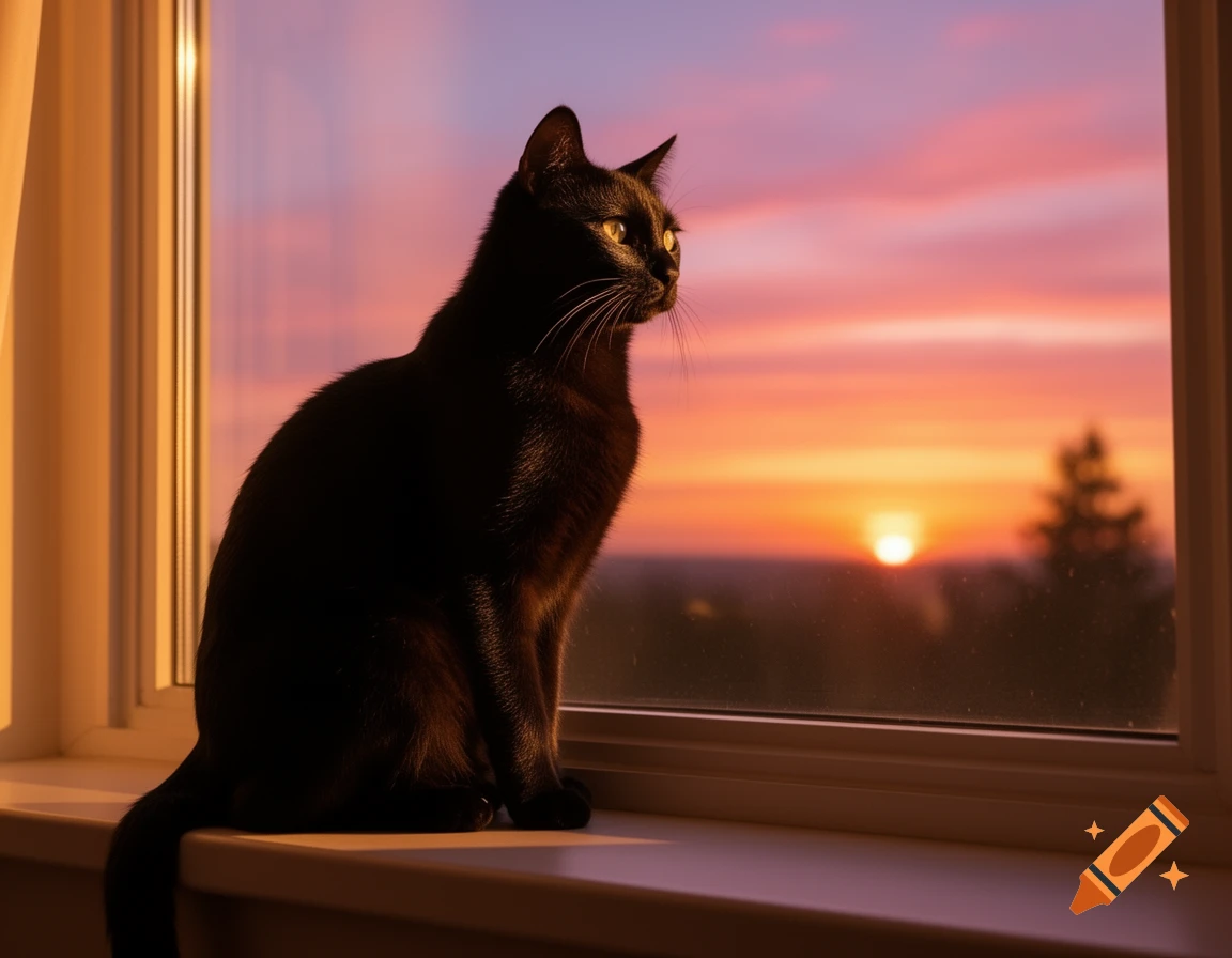 A black cat sits on a windowsill, silhouetted against a vibrant orange and pink sunset sky visible through the window.