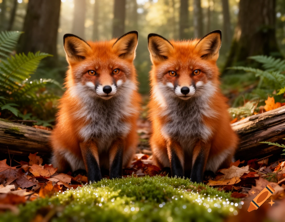 Two red foxes with orange fur and white chests sit alertly in a sunlit autumn forest amidst green moss and fallen leaves.