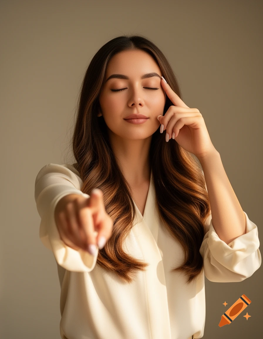 A pretty woman with closed eyes points to her forehead and to the viewer, indicating thought or focus.