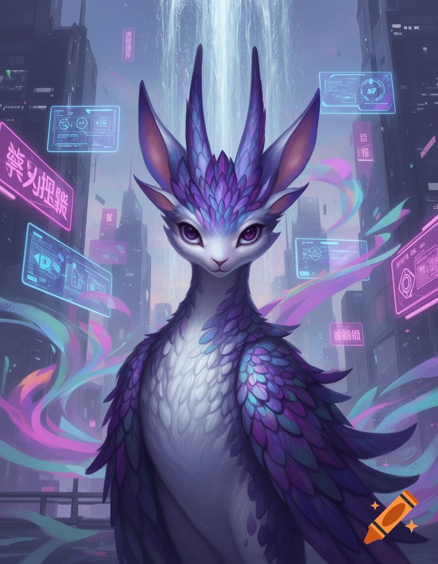 A colorful, purple and white feathered fantasy creature with large ears and purple eyes stands in a futuristic city with holographic displays.