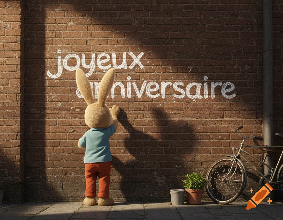 A cartoon rabbit in a blue shirt and orange pants writes "joyeux anniversaire" in white chalk on a brick wall, with a bicycle next to it.