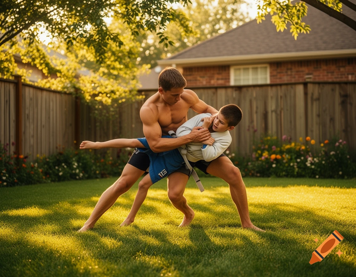 A shirtless, muscular man teaches a younger boy jiu-jitsu moves on a sunny green lawn in a backyard.