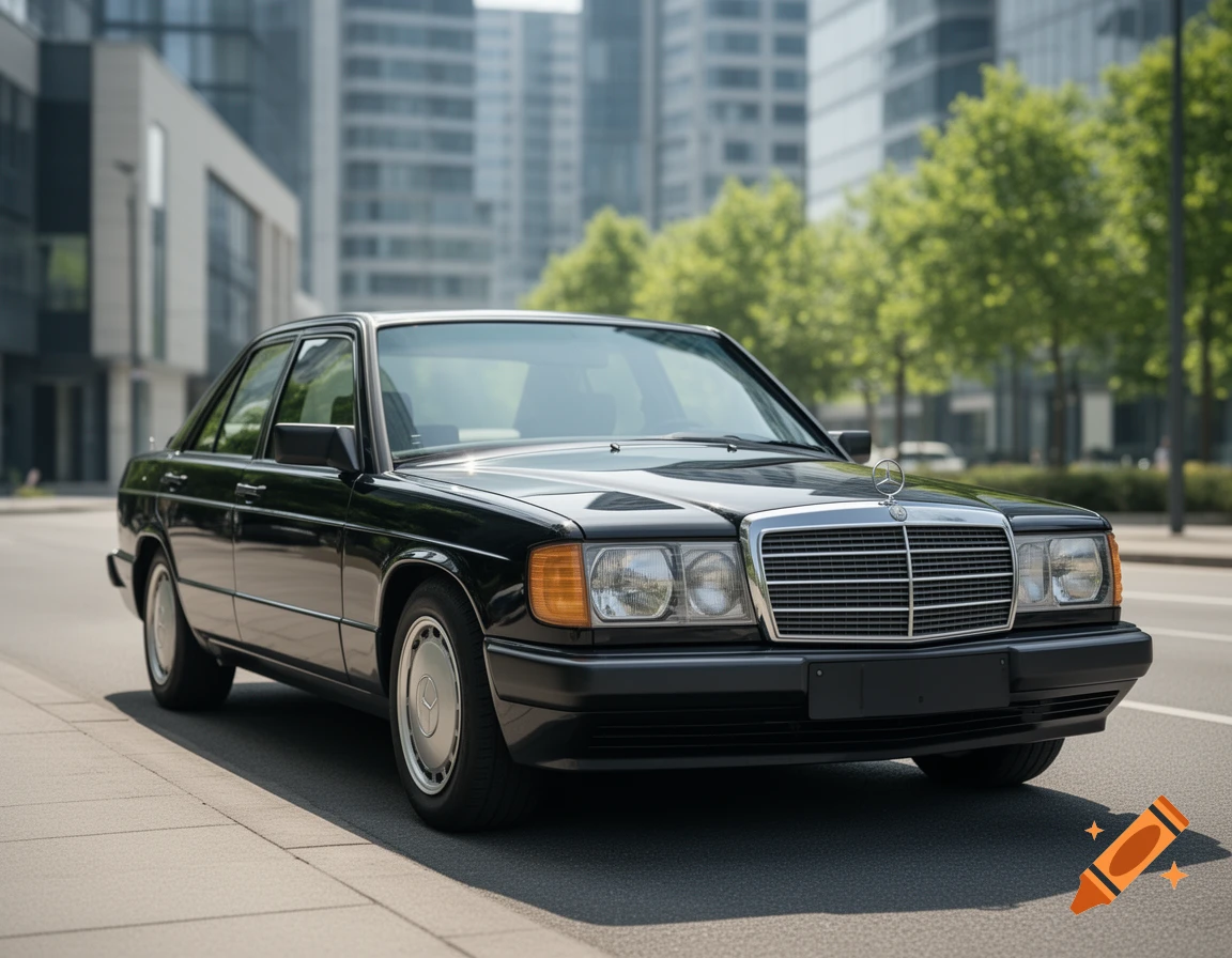 A black Mercedes-Benz 190E parked on a city street, with modern buildings and green trees in the background.