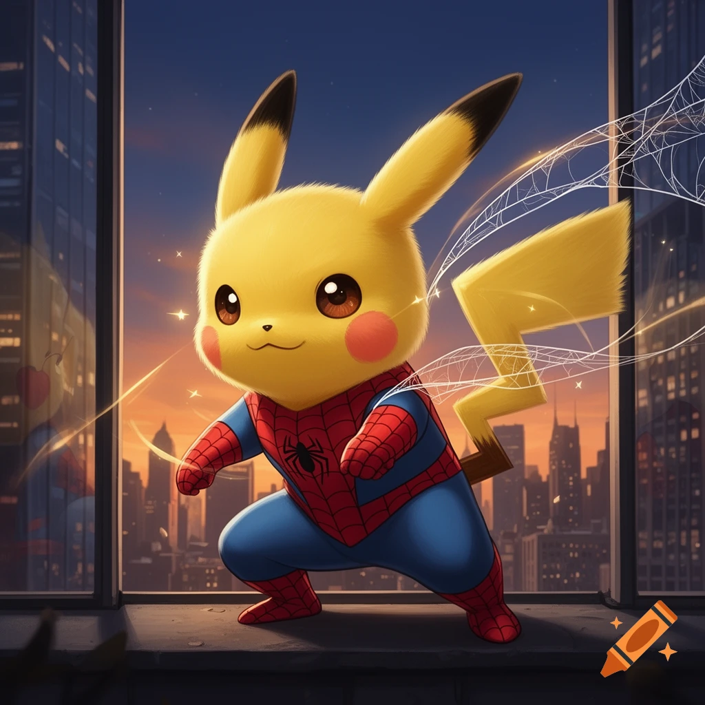 Pikachu dressed as Spider-Man stands on a ledge overlooking a city at sunset, with glowing web lines.