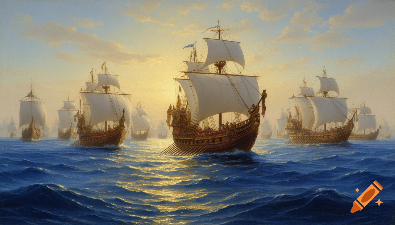 A majestic armada of 16th-century wooden war galleys sails across a deep blue sea at sunset, painted in a historical renaissance oil style.