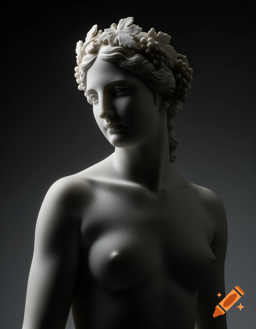 Dramatic, high-contrast photographic portrait of a classical white marble sculpture of a nude female figure with a grapevine wreath.