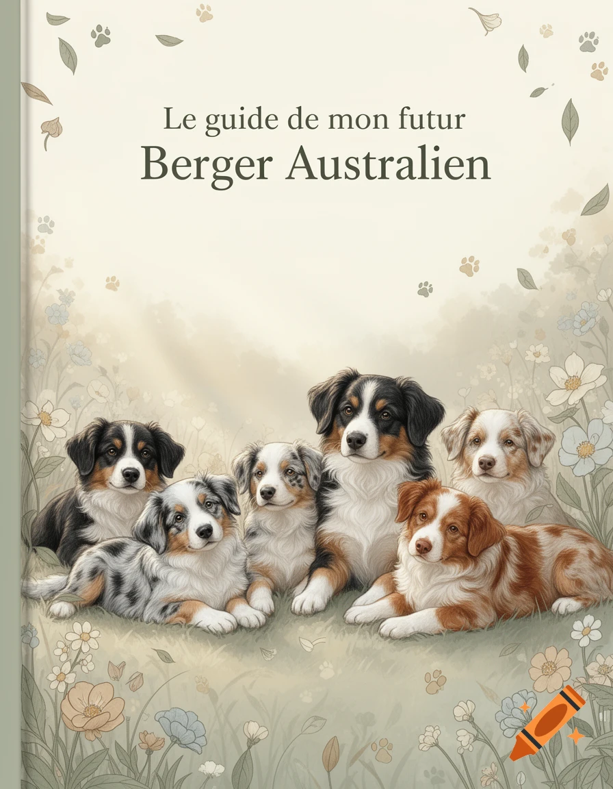 Illustrated book cover with Australian Shepherd dogs and puppies in a floral field, titled "Le guide de mon futur Berger Australien".