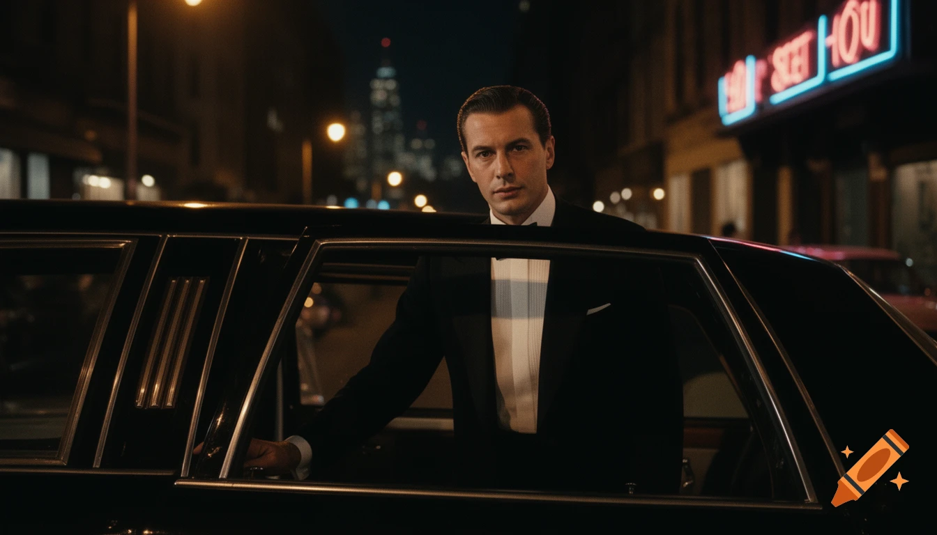 A man in a tuxedo looks directly from a black limousine at night, neon sign in the background, photorealistic.