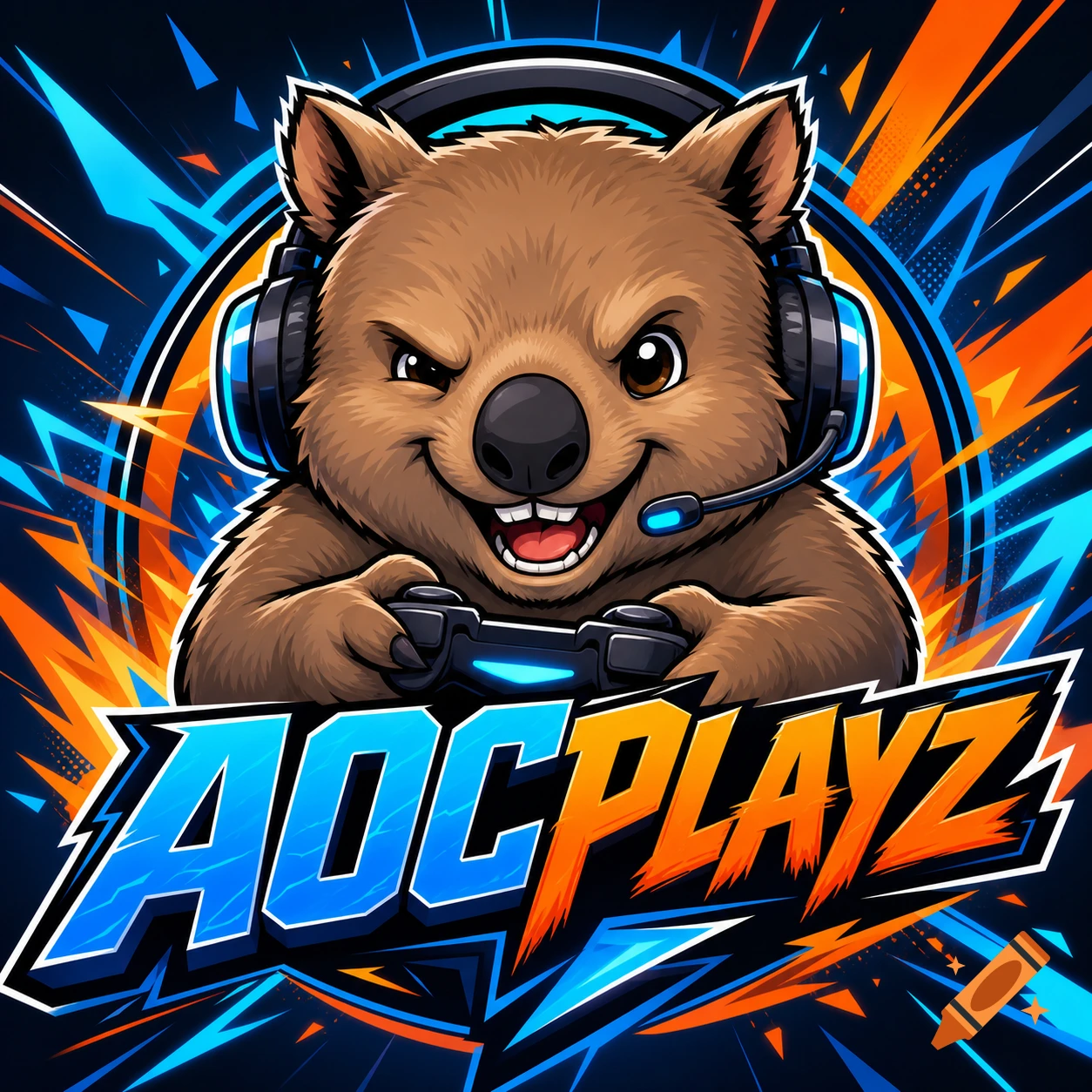 A cartoon wombat wearing a gaming headset holds a controller, with 'AOCPLAYZ' text below, against an energetic blue and orange background.