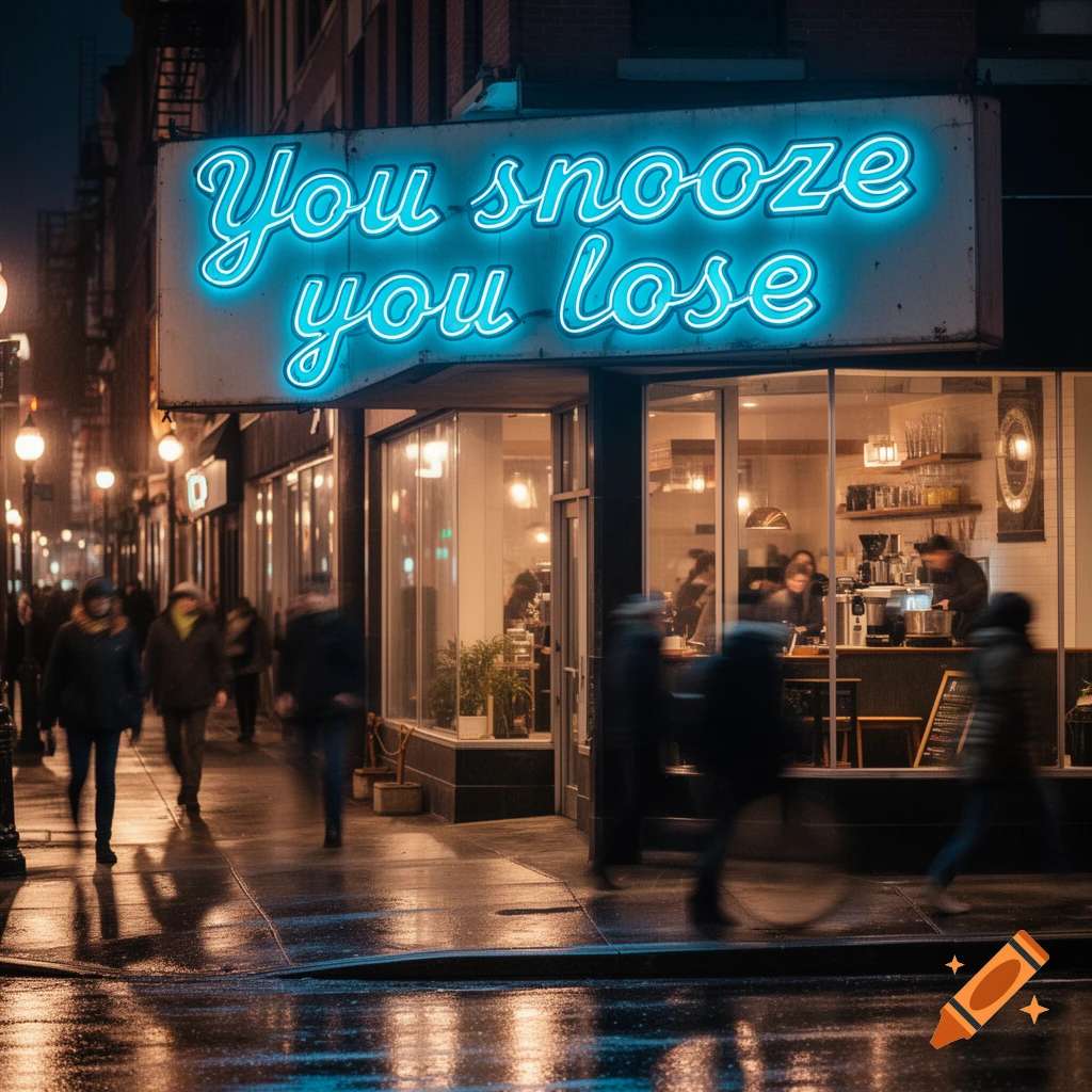 Neon sign 'You snooze you lose' above a cafe at night, with people walking on a wet city sidewalk reflecting lights.