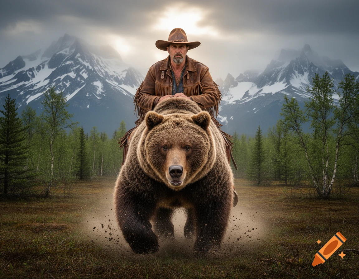 A bearded cowboy in a hat and fringed jacket rides a brown grizzly bear across a field with mountains and trees in the background.