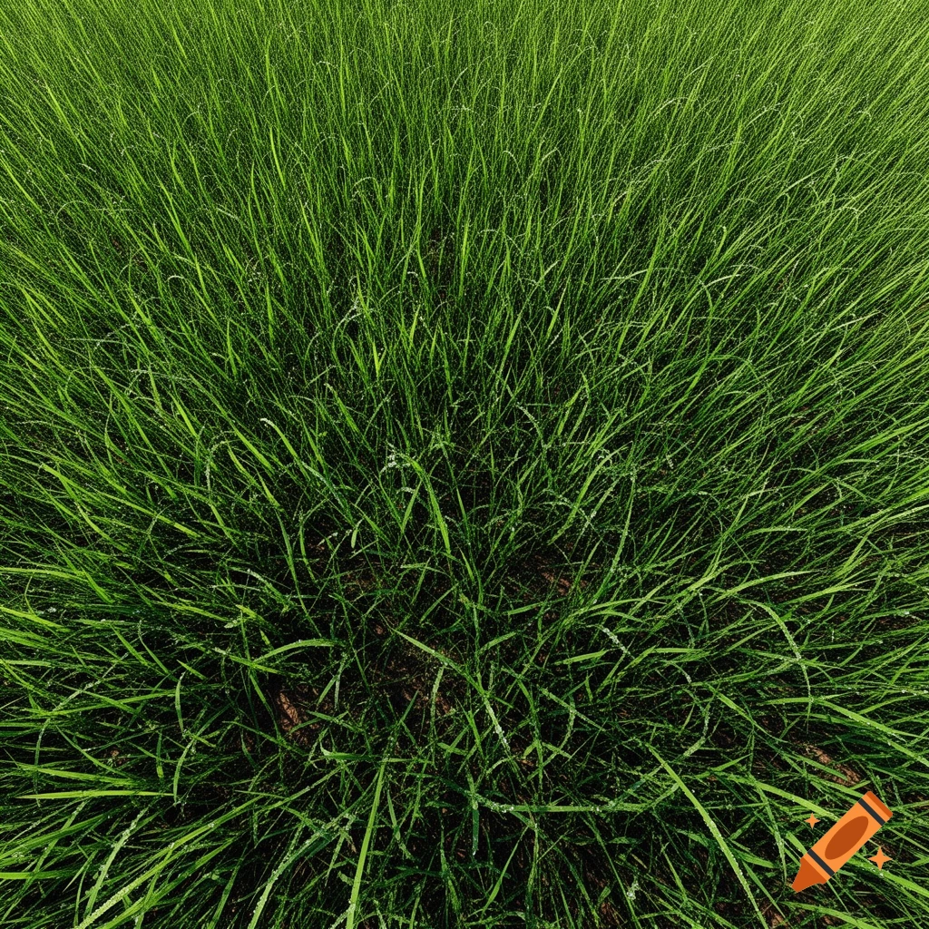 Close-up, top-down view of vibrant green grass blades with dew drops, forming a natural texture.