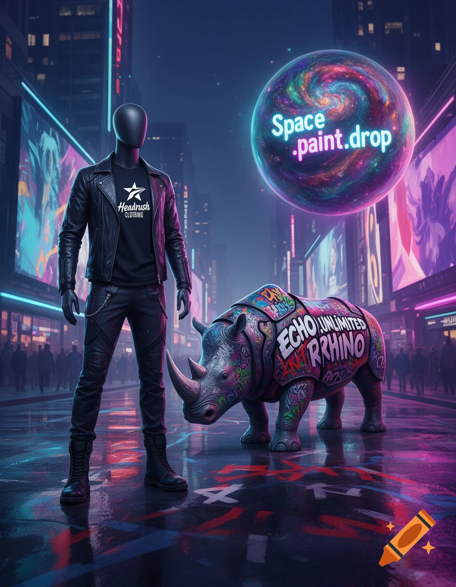 A mannequin in a leather jacket stands on a wet cyberpunk street at night, next to a graffiti-covered rhino statue. A glowing space sphere floats above.